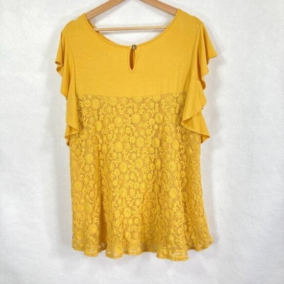 Matilda Jane Mustard Bocce Ball Lace Accent Flounce Short Sleeve Top Cottagecore - Picture 3 of 5
